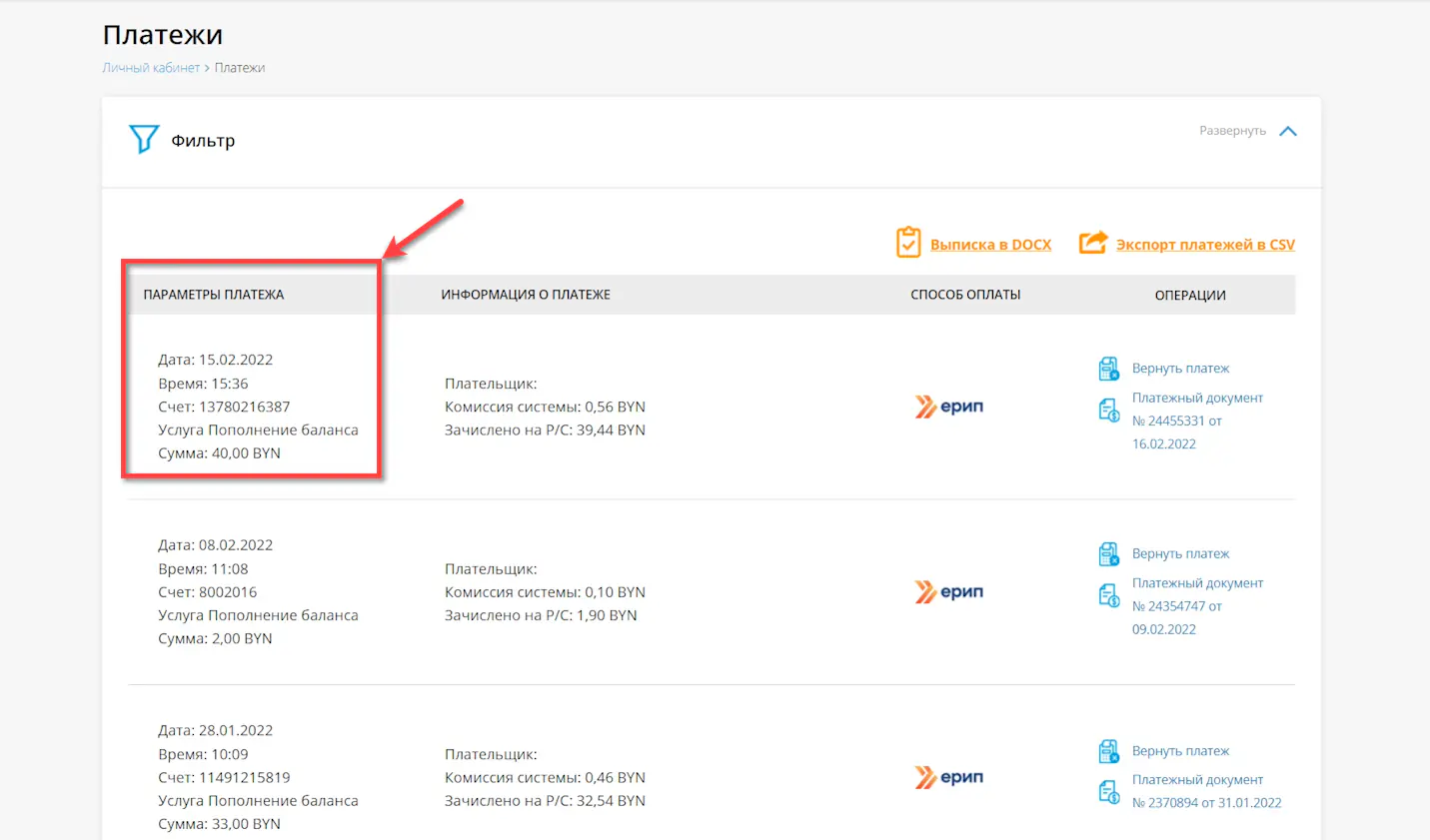 Информация в “параметрах платежа”